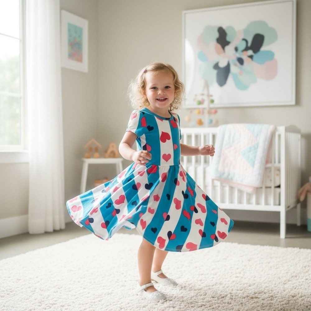 NWT Girls Teal White Striped Heart Print Short Sleeve Twirl Dress Kids 3t 4t